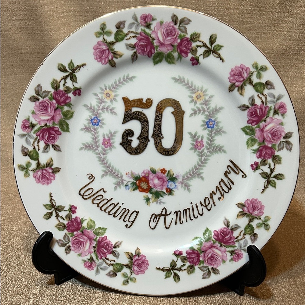 Vintage ARDCO 50th Anniversary Plate Pink Roses and Gold Details Made in Japan.